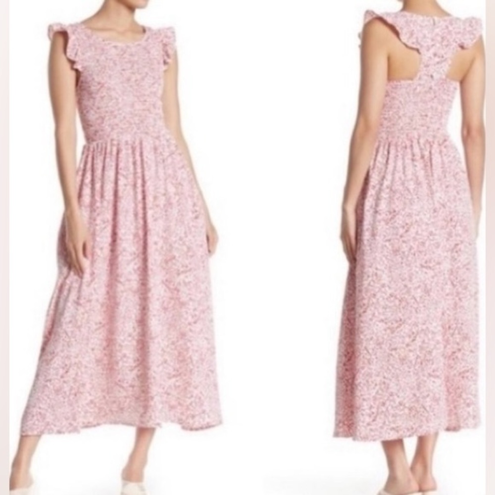 Melloday White Polka-Dot Pattern Sleeveless Racerback Smocked Bodice Midi Dress